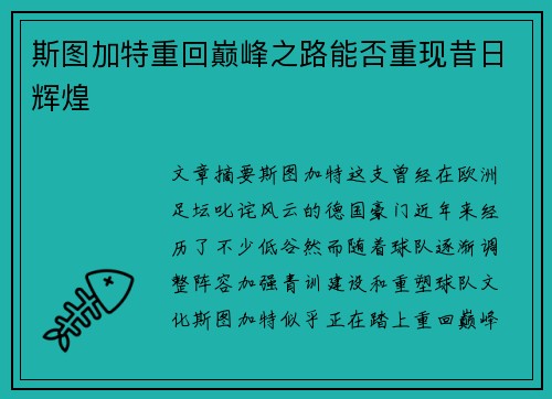 斯图加特重回巅峰之路能否重现昔日辉煌